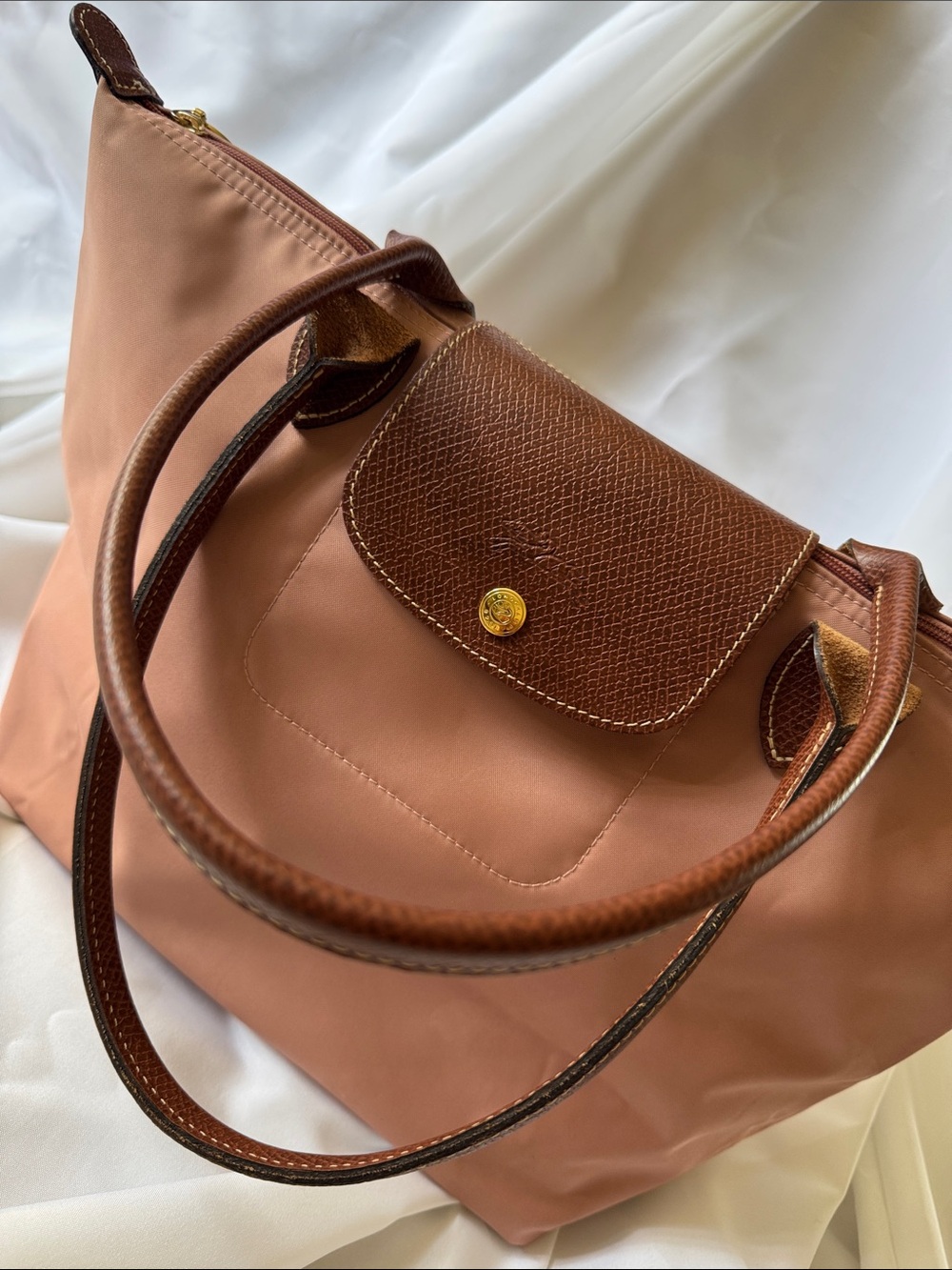 Longchamp Foldable Tote in Dusty Rose with Brown Trim